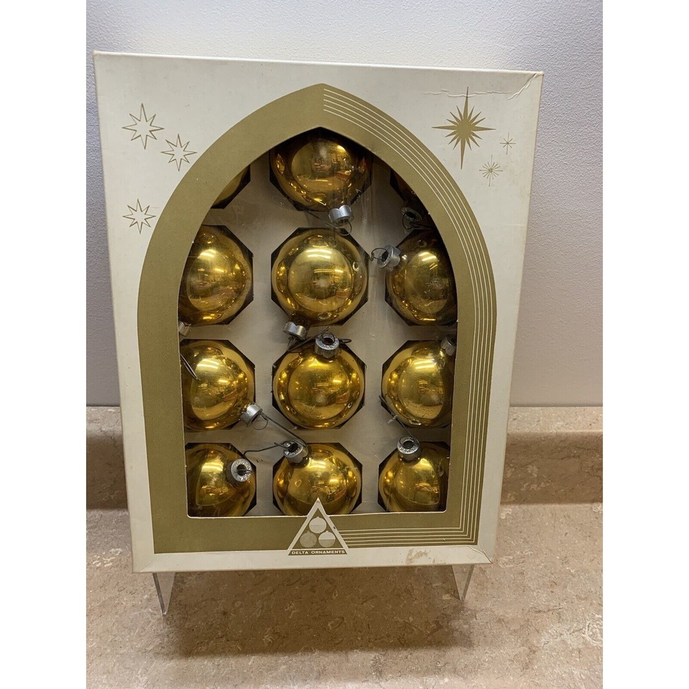 Vintage Delta‎ Glass Gold Christmas Ornaments in Box!